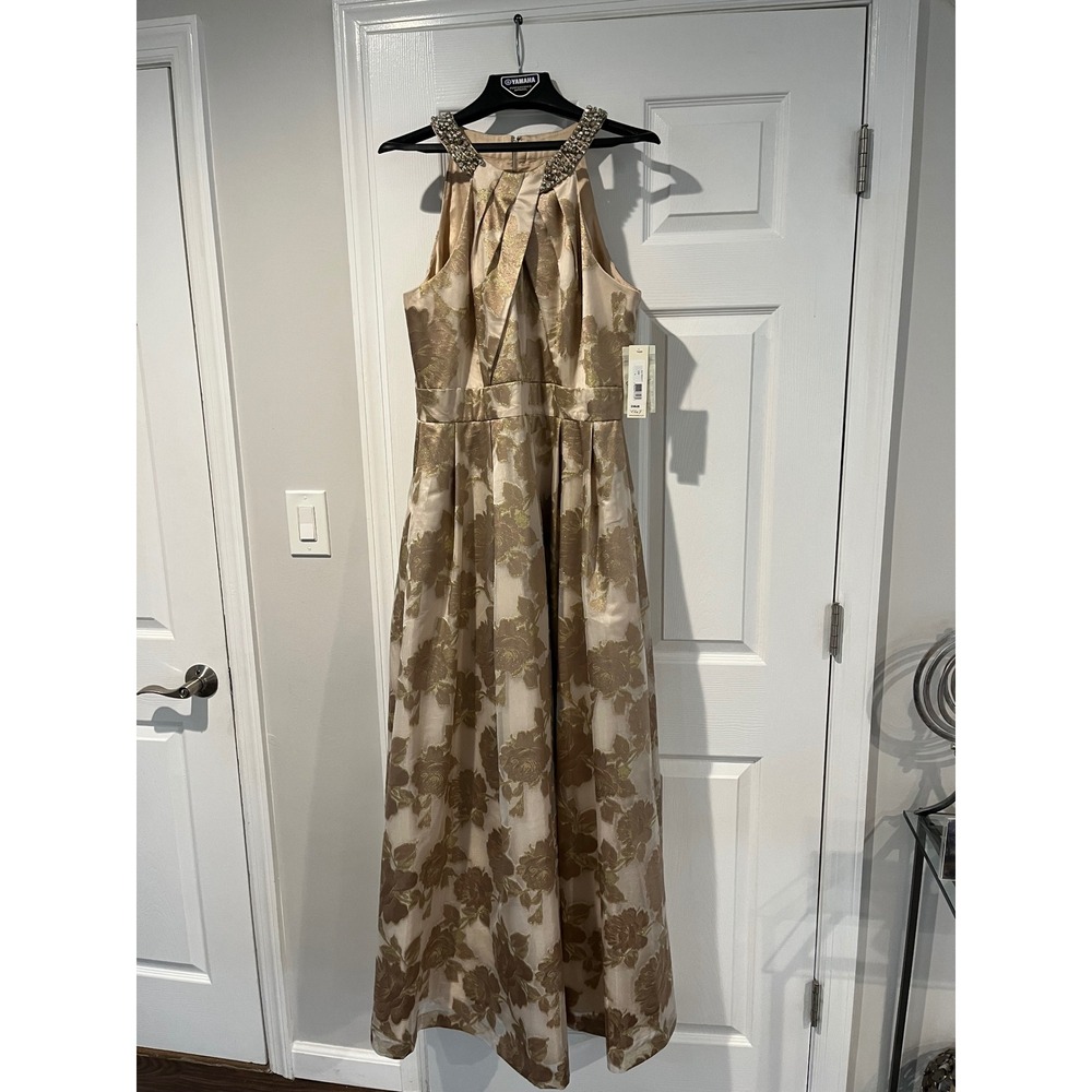 Eliza J. Women's Maxi Dress Sleeveless Embellished Neckline Gold Floral‎